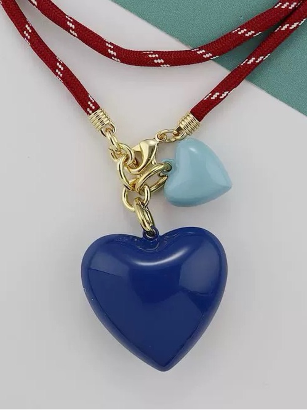 ROXANNE ASSOULIN Red long cord necklace with Navy and small sky Blue hearts - Picture 6 of 6